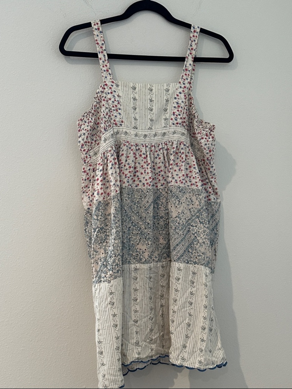Cottage Core Patchwork Floral Striped Sundress in Cream, Blue & Red Size Small